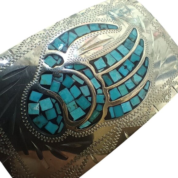 Johnson & Held Vintage Handcrafted Silver Belt Buckle Turquoise Inlay Bear Paw - Picture 3 of 9
